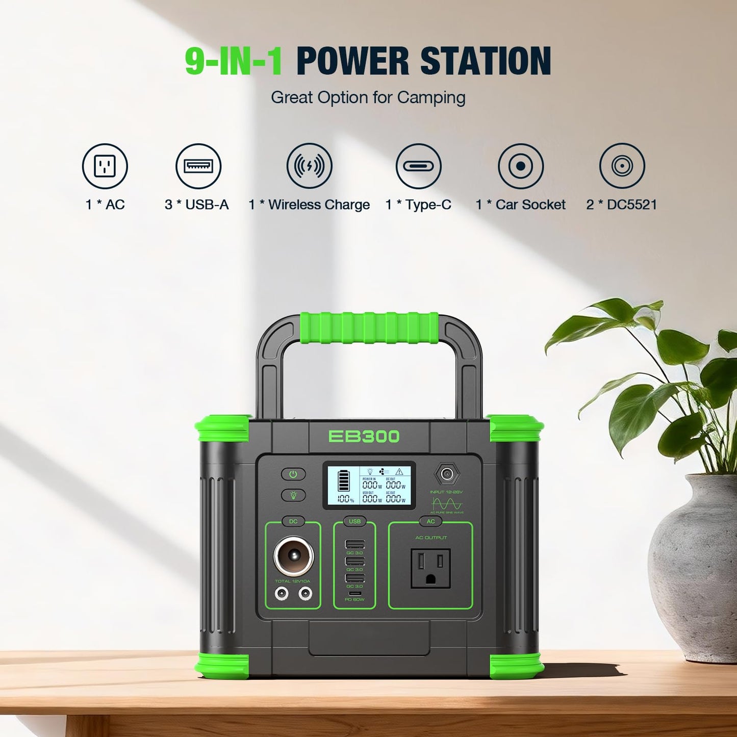 Portable Power Station 330W 288Wh Solar Generator with 60W USB-C PD Fast Charging, Pure Sine Wave AC Outlet, 5W Wireless Charger, LED for Camping, RV, CPAP, Home Emergency Backup, Off-Grid Living