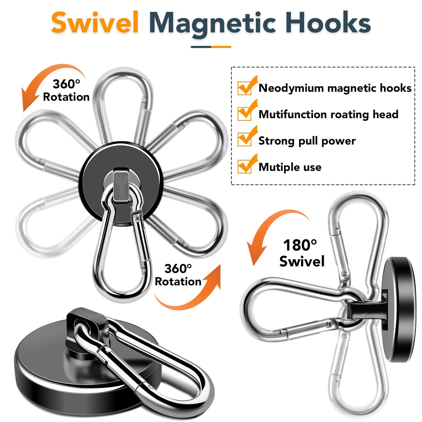 MIKEDE Magnetic Hooks Heavy Duty, 110LBS+ Strong Neodymium Magnets with Swivel Carabiner Hook, Black Magnetic Hangers Magnet Hooks for Locker, Home, Cruise Cabin, Office - 10 Pack