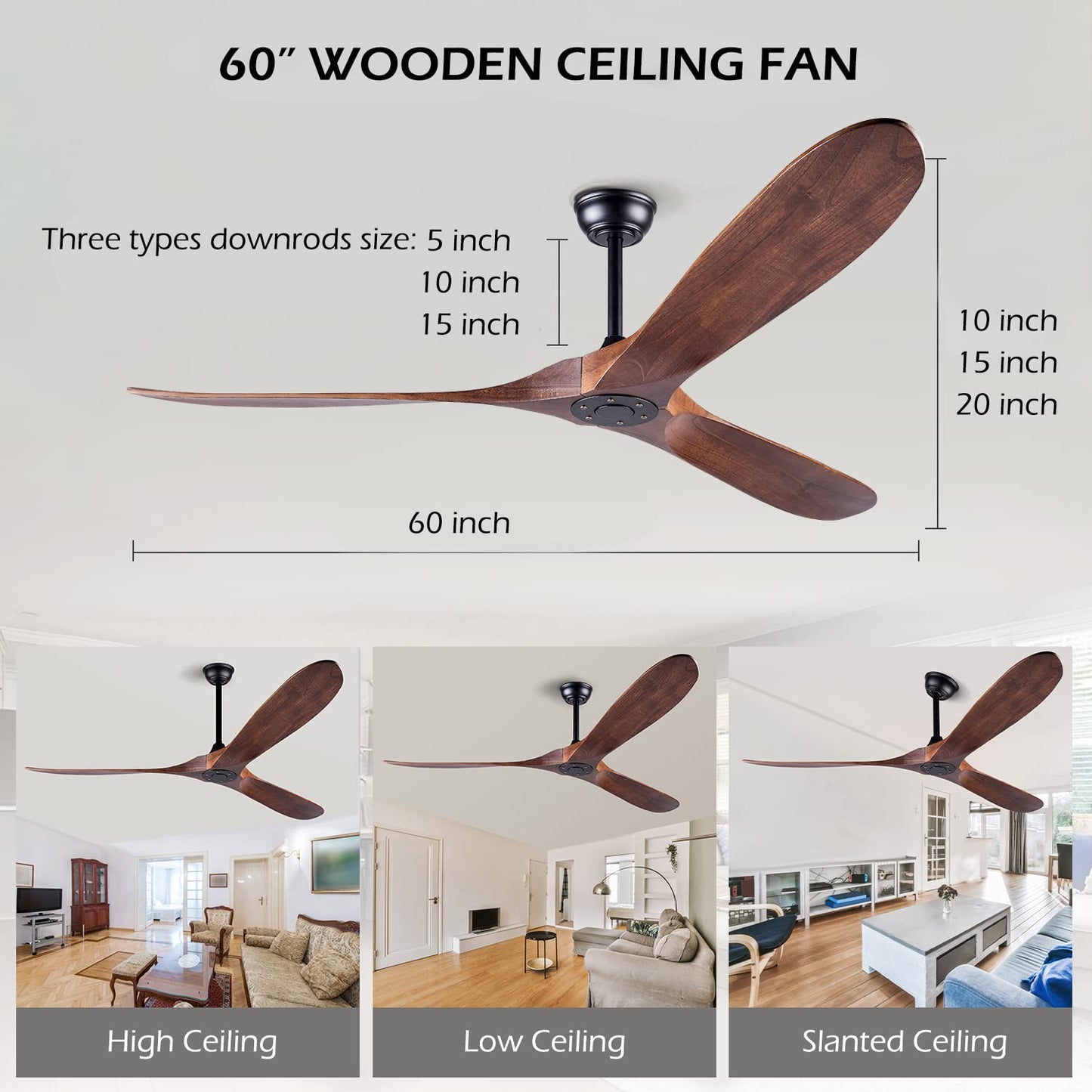 EOPETY 60 Inch Ceiling Fan Without Light ，Wood Indoor Outdoor Ceiling Fans No Light for Patios Living Room Bedroom Porch Big Ceiling Fan for Flat Sloped Ceiling(Walnut)
