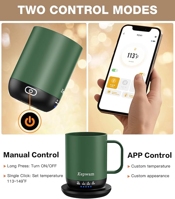Kepwam Heated Coffee Mug T1-14oz Fast Heating & Longer Battery Life Self Heating Coffee Mug Hot to 149℉ - Touch & App Controlled Mug Coffee and Hot Beverage Warmer, Gifts for Women and Men