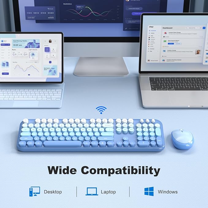 Wireless Keyboard Mouse Combo, Typewriter Full Size Keyboard with Number Pad and 2 in 1 USB Connected Mouse for Windows 7/8/10, Laptop, Desktop, PC, Computer (Blue Colorful)