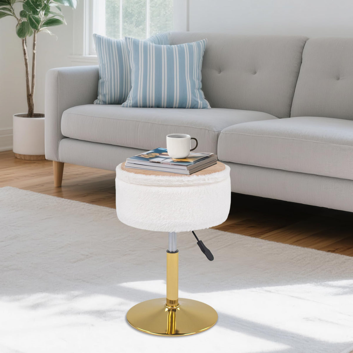 LITZFUR Adjustable Vanity Stool for Makeup Room, 360° Swivel Gold Vanity Chair, Faux Fur Round Storage Ottoman Footrest for Living Room Bedroom, White