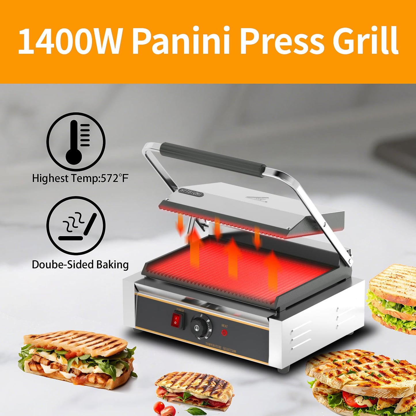 HTTSICHI Commercial Panini Press - 2200W Commercial Electric Panini Sandwich Grill w/Nonstick Coating & Adjustable Temp, Panini Grill Press w/ 9"x9" Cooking Pan, Double-sided Heating