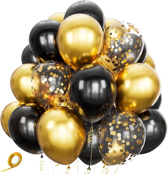 Black Gold Confetti Balloons 50 Pack 12 inch Black and Gold Metallic Latex Balloons with 1 Rolls of Ribbon for Birthday Gr...