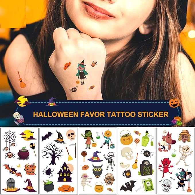 Halloween Temporary Tattoos for Kids, 120 PCS Halloween Prizes Assorted Goodies Party Favor Gifts for Boys Girls Bag Stuffers, Cartoon Pumpkin Witch Fake Tattoo Stickers Decorations Face Makeup Adults