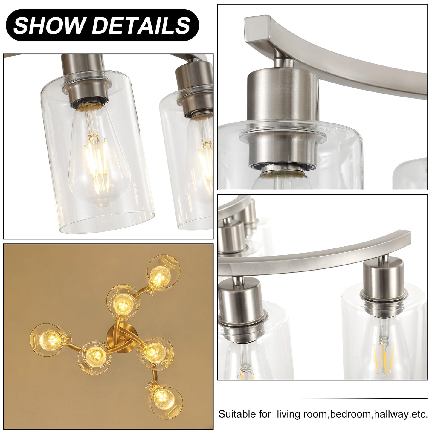 CNRATYE 6-Light Brushed Nickel Chandeliers for Dining Room Light Fixtures Over Table, Adjustable Height Hanging Industrial Pendant Lighting for Kitchen Island Bedroom, Clear Glass Shade