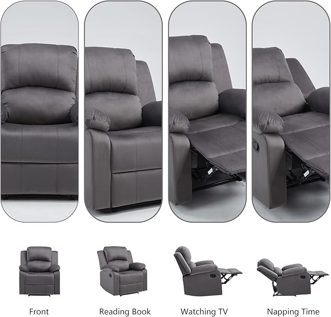 CANMOV Manual Recliner Chair, Soft Fabric Overstuffed Recliner Single Sofa Chair for Living Room Bedroom, Heavy Duty and Safety Reclining Mechanism, Dark Grey