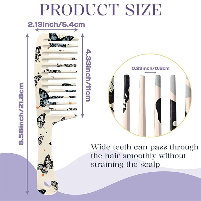 2PCS Wide Tooth Comb,Effortless Tangle Removal for Long Hair Styling Comb for Curly,Wet,Cute Aesthetic Design for Women Men and Girls(Yellwo-Butterfly-05)