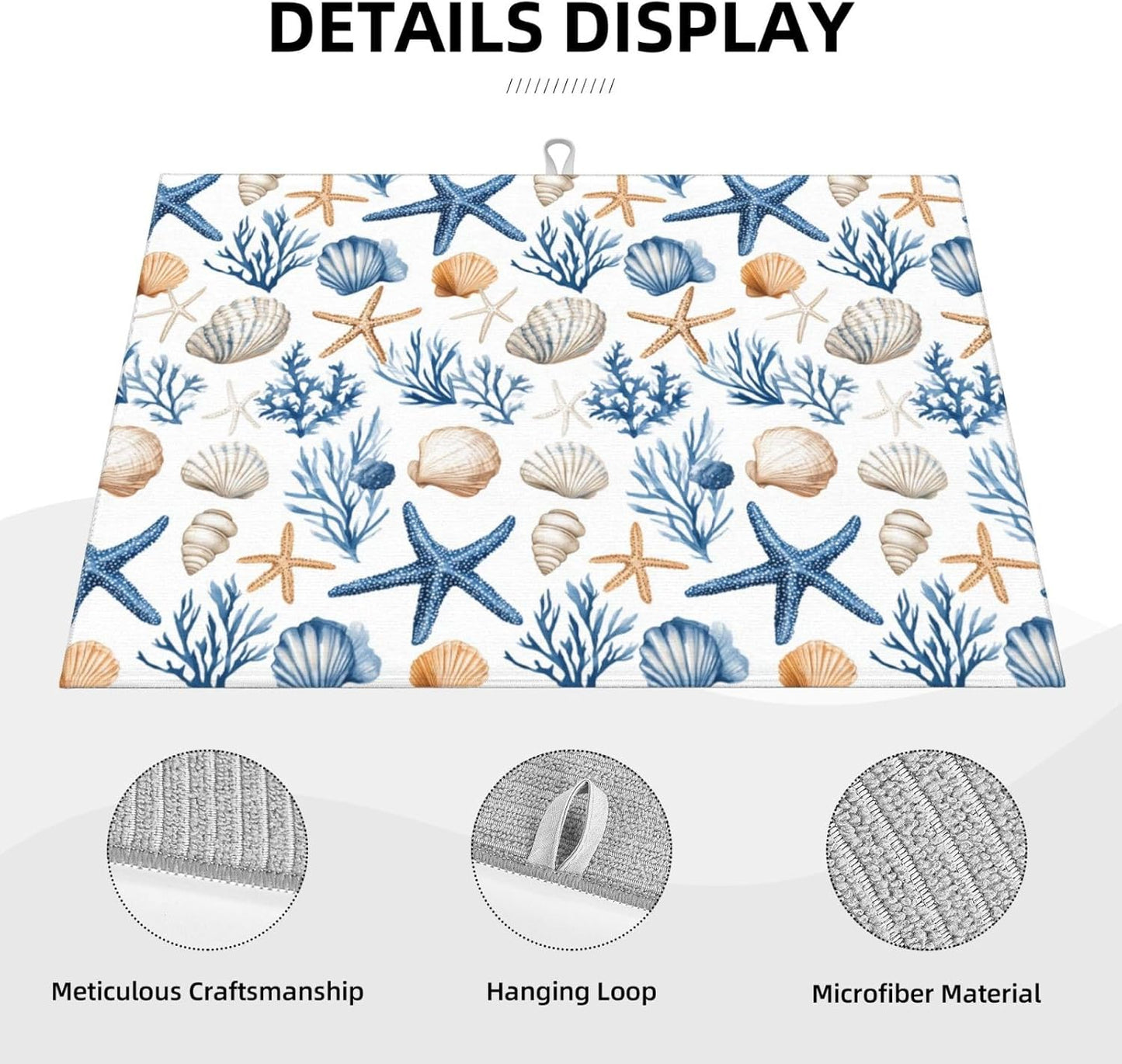 Dish Drying Mat for Kitchen Blue Seashell Starfish Childish Counter Absorbent Dishes Drainer Microfiber Large 18x24 Inch