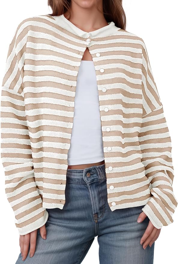 Saodimallsu Womens Striped Cardigan Casual Long Sleeve Open Front Button Down Loose Knit Lightweight Fall Sweaters