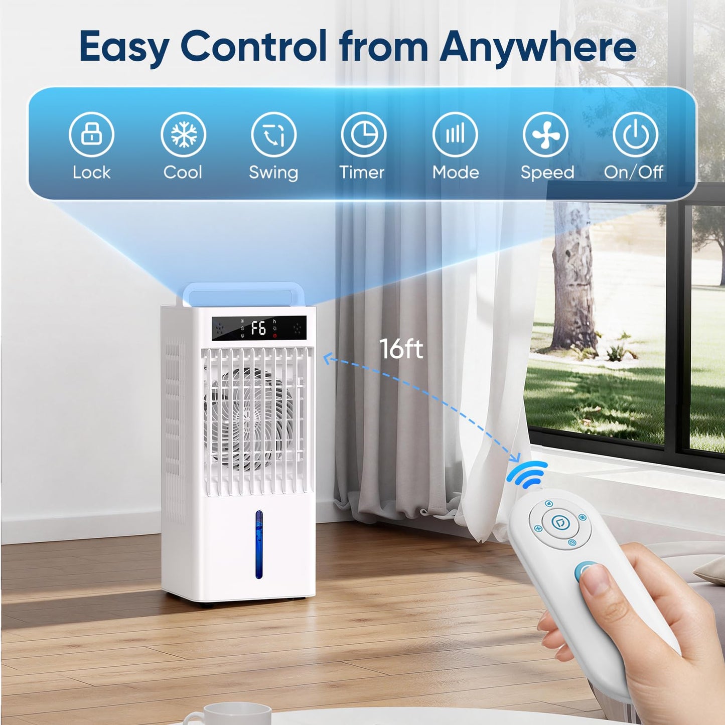 Ashihoti Official Portable Air Conditioners, 4-IN-1 Swamp Cooler, Evaporative Air Cooler, 6 Speeds & 3 Modes, 3-Gal Water Tank for Cooling, 15-20 FT/S Remote Control, Portable Air Cooler for Indoors