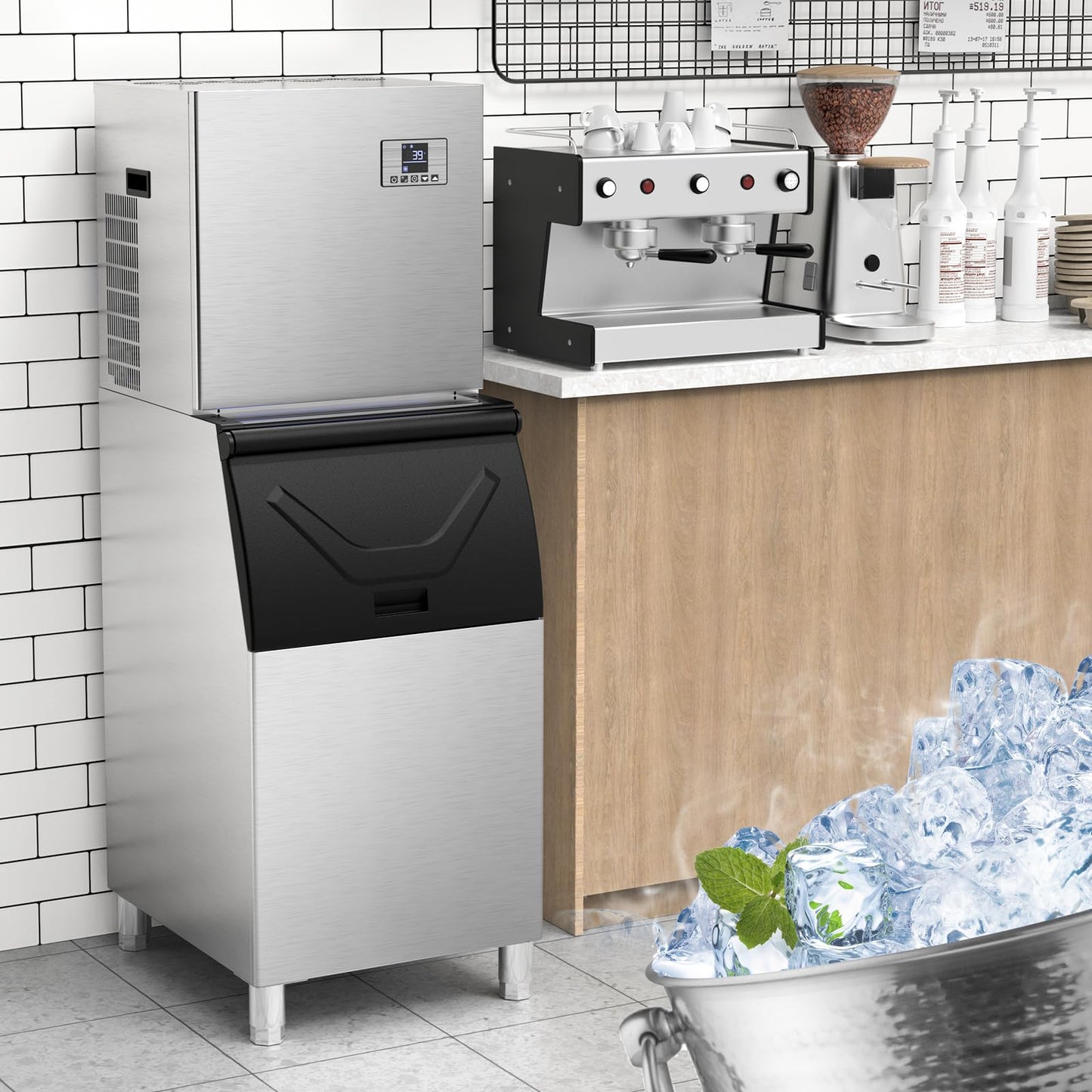 680 LBS/24H Commercial Ice Machine with 560 LBS Storage Bin, Ice Cubes Ready in 5-15 min, Stainless Steel Industrial Ice Maker, Self-Cleaning, Timing Function, Adjustable Ice Thicknesses