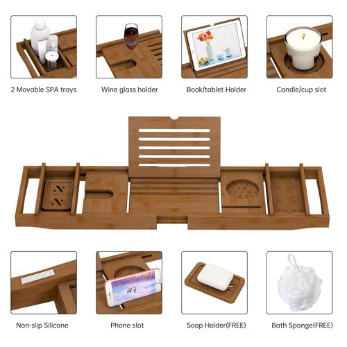 Bamboo Bathtub Tray for Luxury Bathroom, Expandable Premium Bath Tray with Soap Towel Book Holder, Luxury Spa Wooden Bath Table for Reading Laptop Over The Clawfoot Walnut