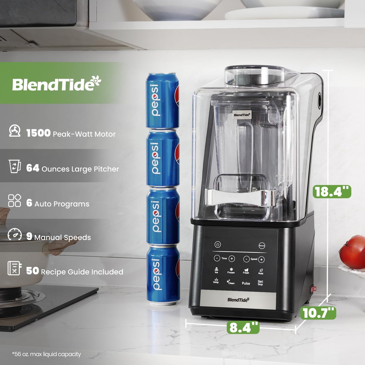 BlendTide Professional Blender 64oz, 1500W Vacuum Blender for Less Foam, Commercial Quiet Shield, Kitchen Timer, Self-Cleaning, 9 Speeds, 6 Presets for Smoothies, Frozen Drinks, Nut & Seed Blends