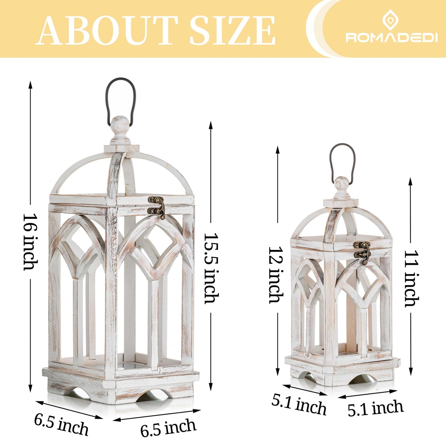 Romadedi Decorative Candle Lantern Wood - Rustic Wooden Lantern for Farmhouse Home Living Room Shelf Patio Table Decoration Christmas Holloween Wedding Party Table Centerpiece, Washedwhite