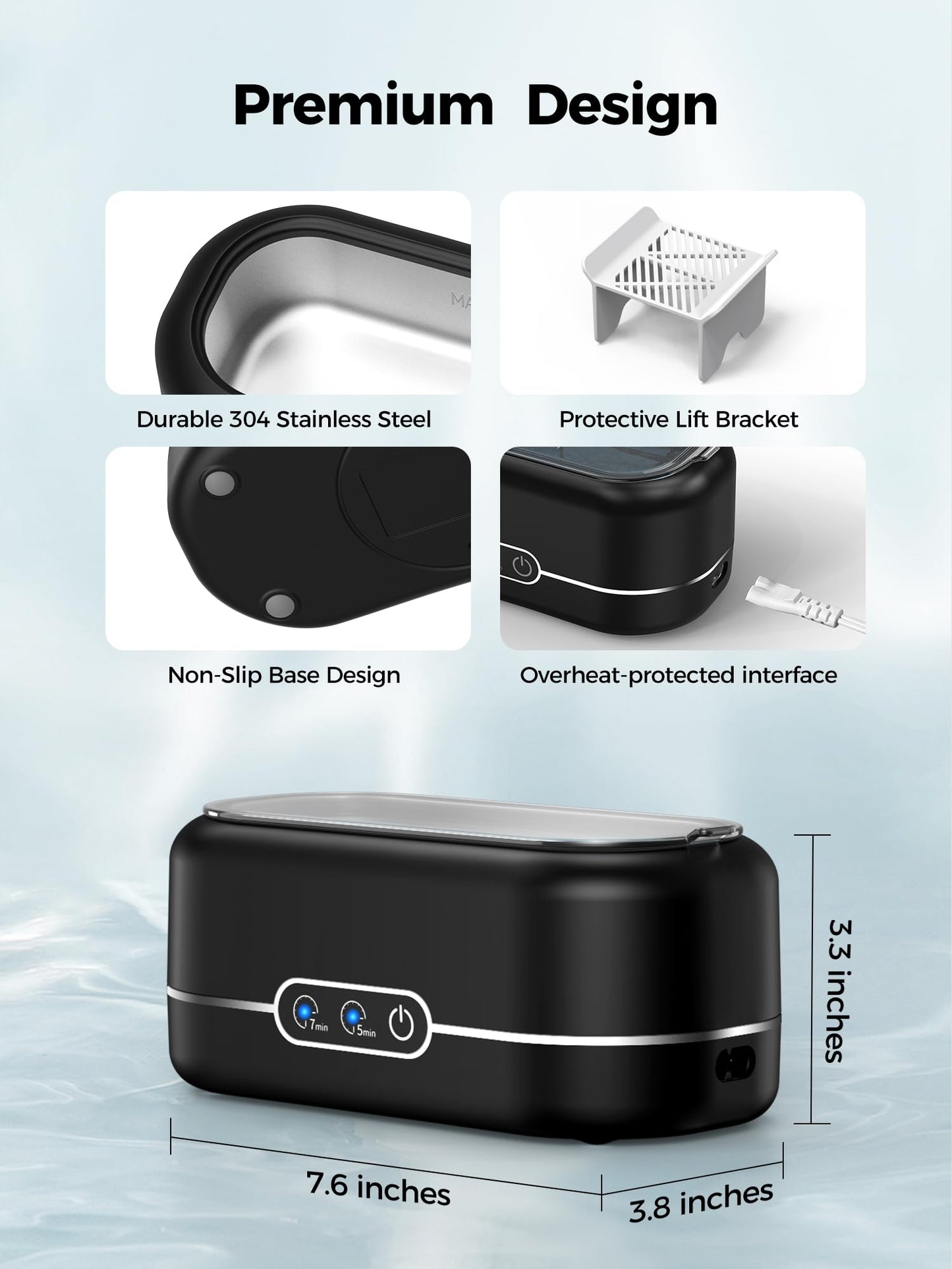 Miorcols Ultrasonic Jewelry Cleaner, 48KHz Jewelry Ultrasonic Cleaner Machine for All Jewelry, Glasses, Rings, Retainers, Watch Strap, Dentures, 304 Stainless Steel 12oz Cleaning Pod - Black