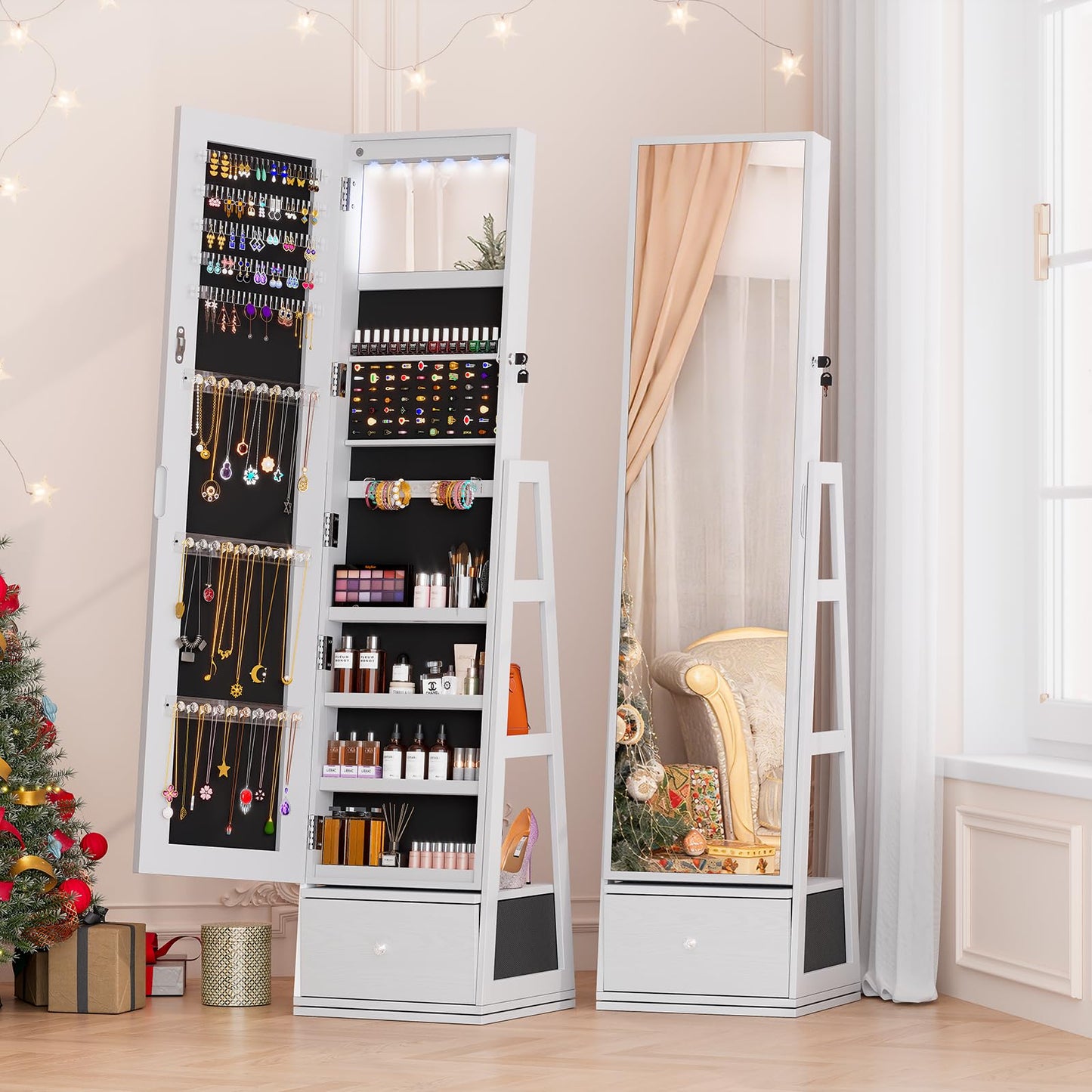 FAVSH Jewelry Cabinet with Drawer, 5-In-1 Standing Jewelry Armoire with LED Lights, 360° Swivel Jewelry Organizer with Full Length Mirror, White