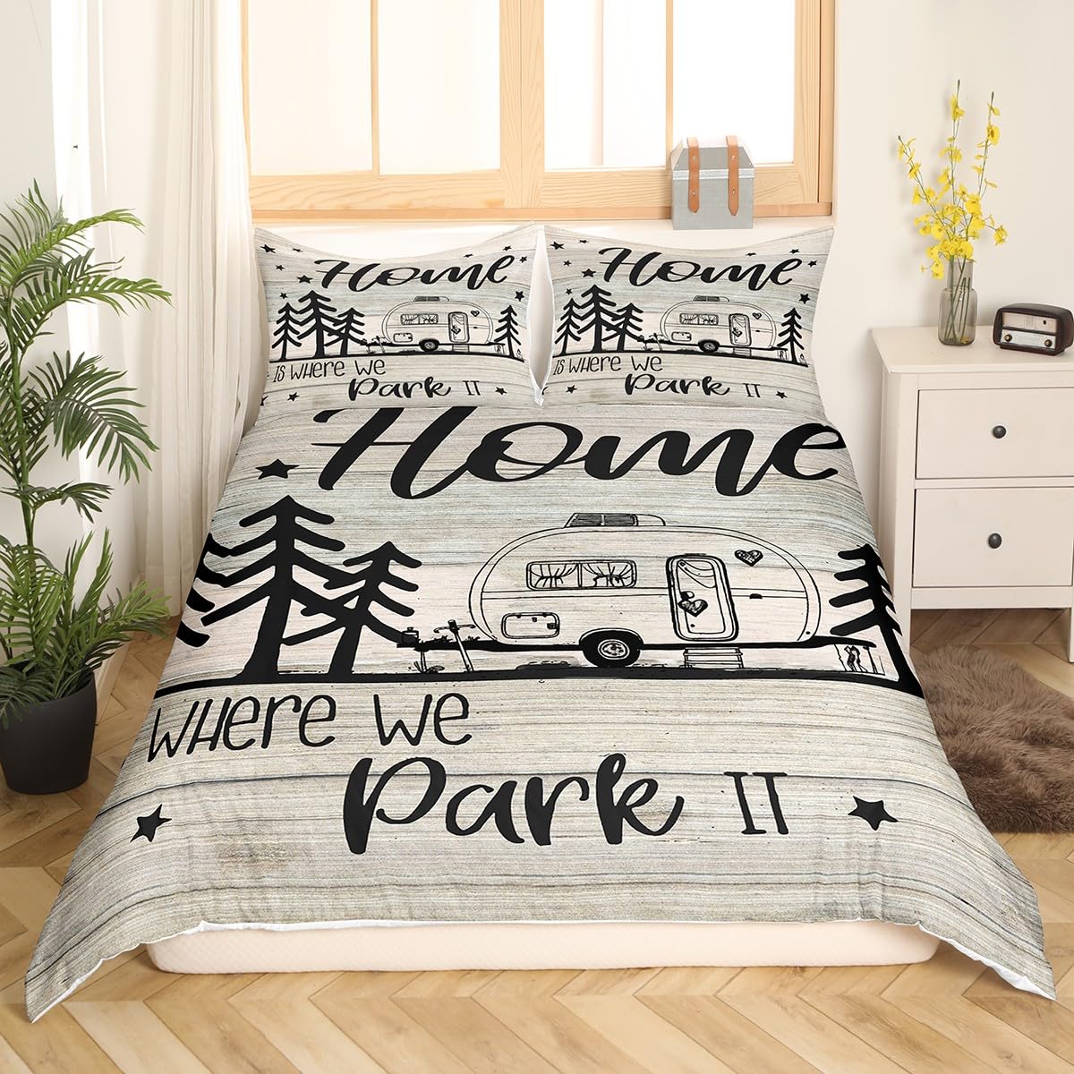 RV Happy Camping Bedding Set Queen Size,Home is Where We Park It Duvet Cover Set for Children Bedroom Present, Rustic Farm Camping Lovers Microfiber Comforter Cover with 2 Pillowcases