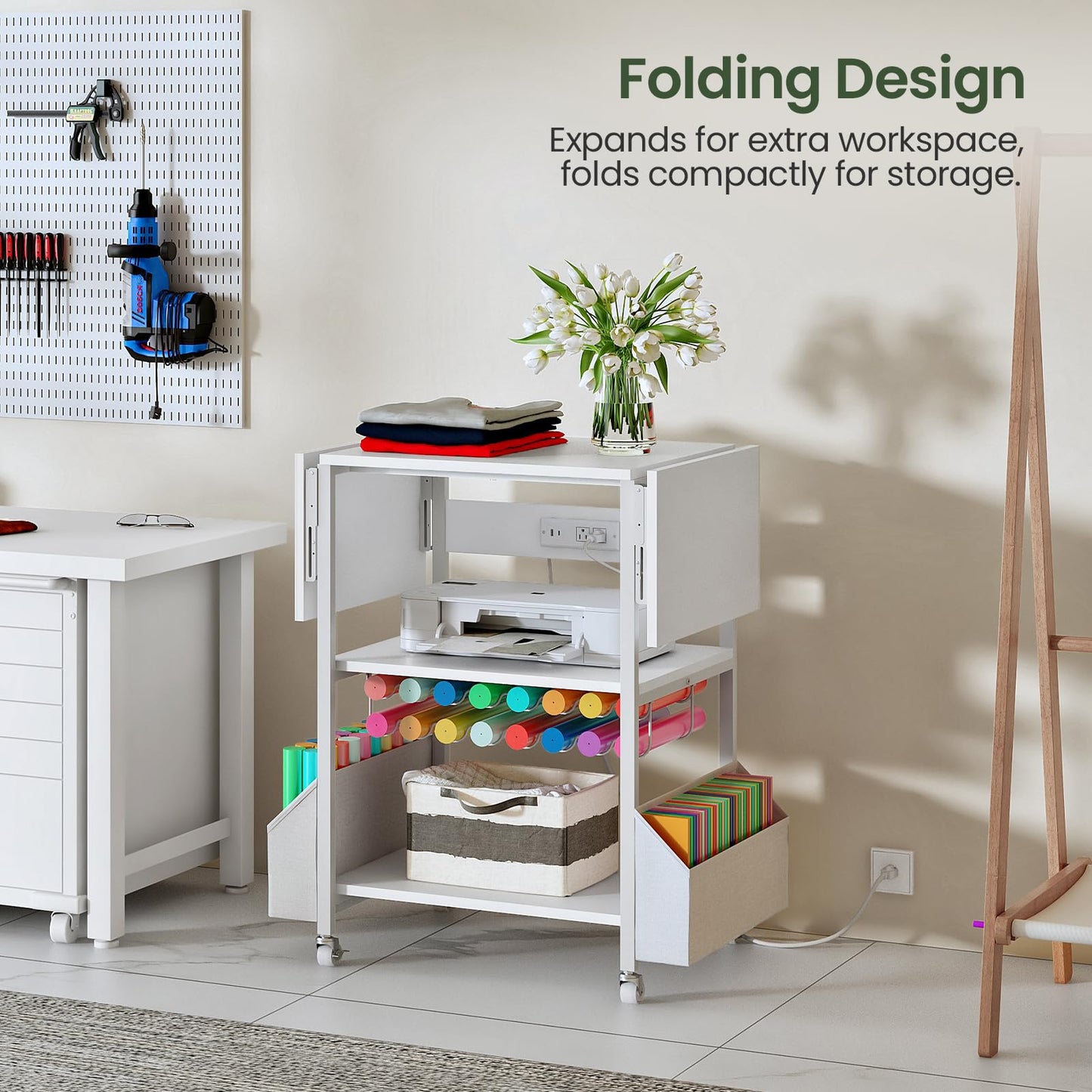 CHOEZON Foldable Heat Press Table with Charging Station, Movable Heat Transfer Stand with Vinyl Roll Holder and Storage Pockets, Mobile Workbench for DIY Sublimation Transfer, White TPS03UWB