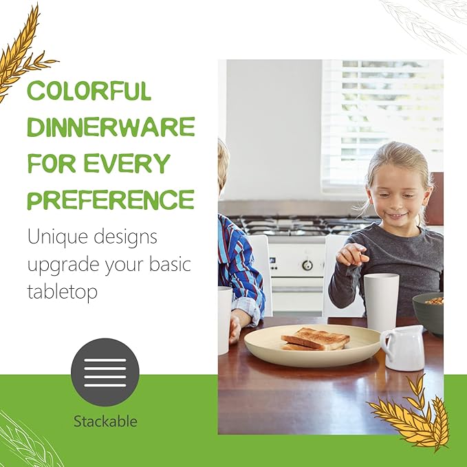 Teivio 32-Piece Kitchen Plastic Wheat Straw Dinnerware Set, Service for 8, Dinner Plates, Dessert Plate, Cereal Bowls, Cups, Unbreakable Colorful Plastic Outdoor Camping Dishes, Stone