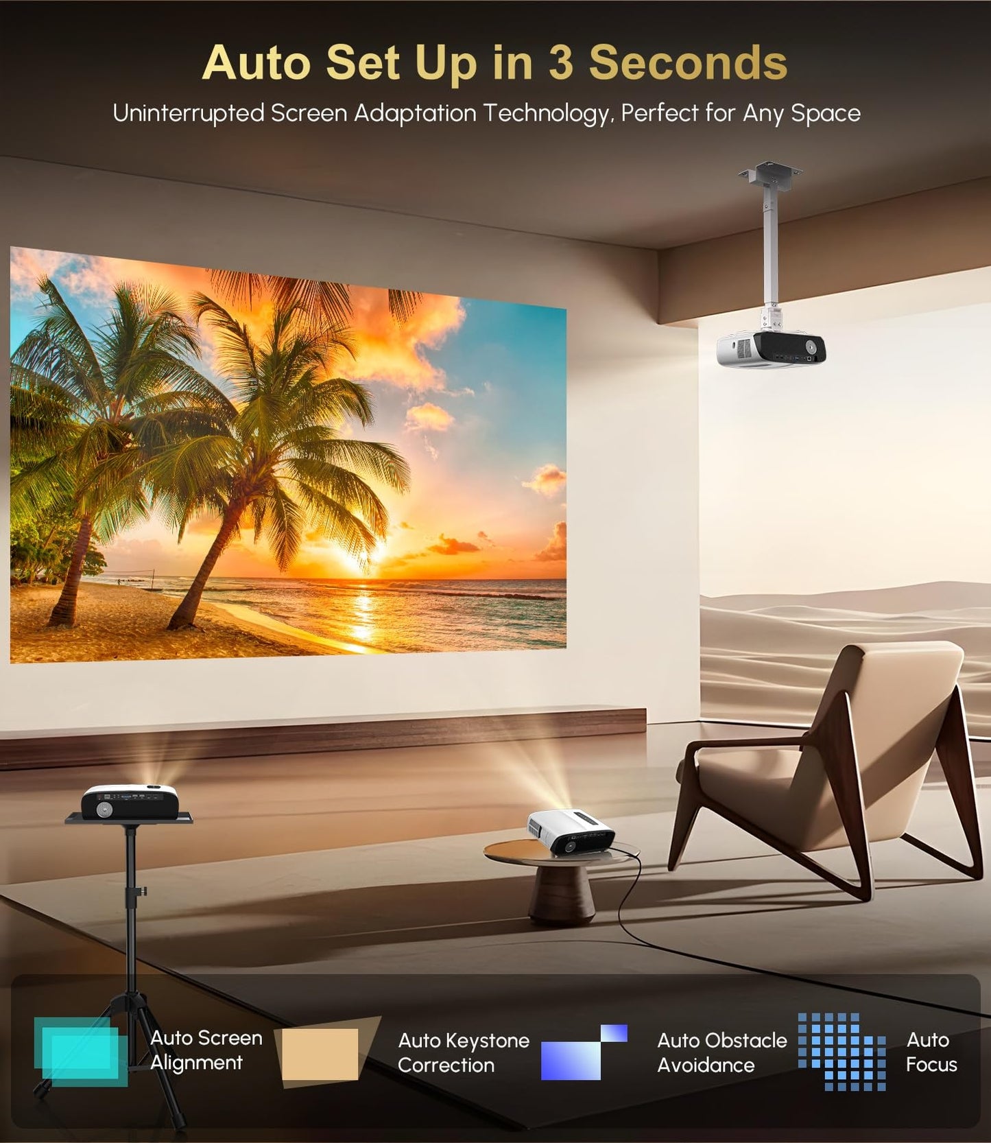 4K Projector with Screen Included, 2000 ANSI Bright Daytime Home Projectors, Auto Focus, 38W Speaker, WiFi Bluetooth, Smart Android TV, HDMI USB for PC Phones Game Consoles