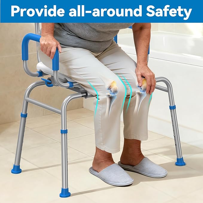 FSA/HSA Eligible Sliding Shower Chair Tub Transfer Bench for Bathtub with Swivel Seat, Shower Bench with Pivoting Arms, Height Adjustable Shower Seat, 350 lbs,White&Blue,Standard