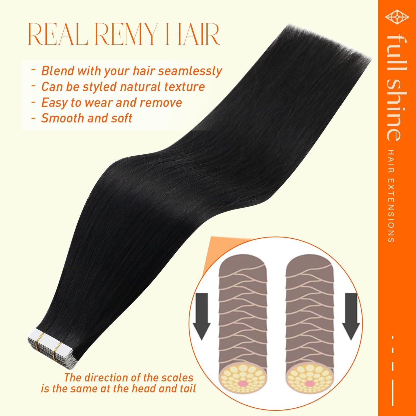 Full Shine Tape in Hair Extensions Human Hair Color 1 Jet Black Tape in Extensions Real Human Hair Skin Weft Tape in Extensions