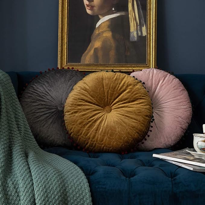 vctops Velvet Soft Round Chair Pads Cute Gradient Pom Pom Indoor Dining Chairs Cushion (Yellow, Diameter 16")
