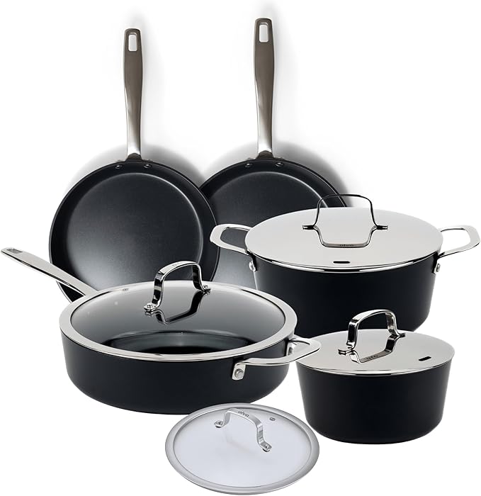 Alva Maestro 9-Piece Ceramic Nonstick Cookware Set – Made Without PTFE, PFOA, PFAS, Non-Toxic Pots & Pans with Lids – Induction & Oven Safe to 400°F – Even Heat, Easy Clean, Durable Aluminum