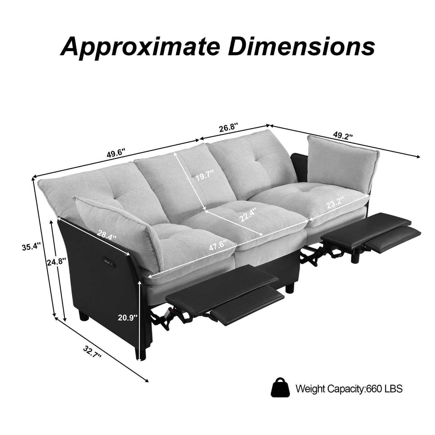Casaphoria 3 Seater Electric Reclining Sofa, Modern Two-Tone Gray & Black with Double-Layer Seat Cushion, USB Port, Power Recliner for Living Room, Home Theater, Apartment