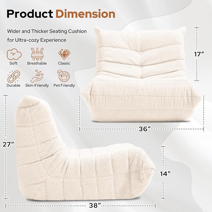 HABUTWAY Bean Bag Chairs Fireside Lazy Floor Sofa, Soft Teddy Fleece Bean Bag Sofa with High-Resilience Foam Filling，Beanbag for Living Room, Bedroom, Office (Beige Teddy)