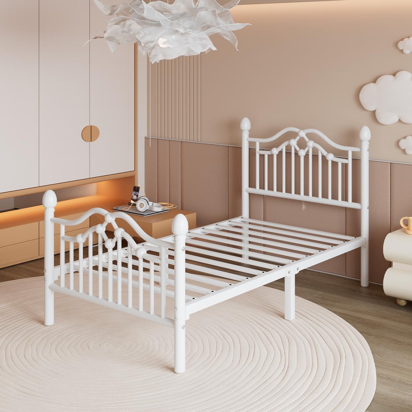 LoVinson Twin Bed Frame with Headboard and Footboard, Modern Metal Platform Bed Frame for Kids, Support Up to 800LBS, No Box Spring Needed, Noise Free, Easy Assembly, White