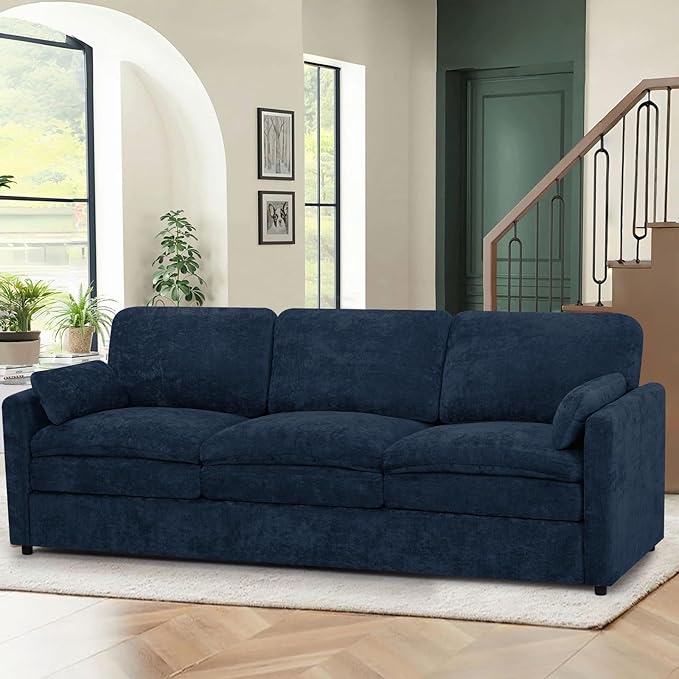 ACMEASE 89” Chenille Sofa w/Arm Pillows, Upholstered 3-Seater Sofa w/Comfortable Back Cushions, Modern 3 Seats Couch w/High-Density Foam for Living Room, Apartment, Office, Blue