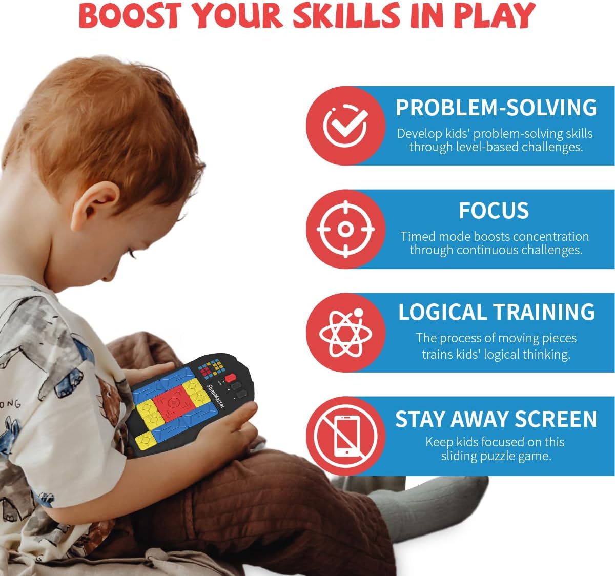 Rechargeable Super Slide Puzzle Game,Klotski Brain Toys for Kids Teens,500+ Challenges 7 Difficulty Levels for Boys&Girls,Portable Travel Games for All Ages,8-12 Gifts idea-Black
