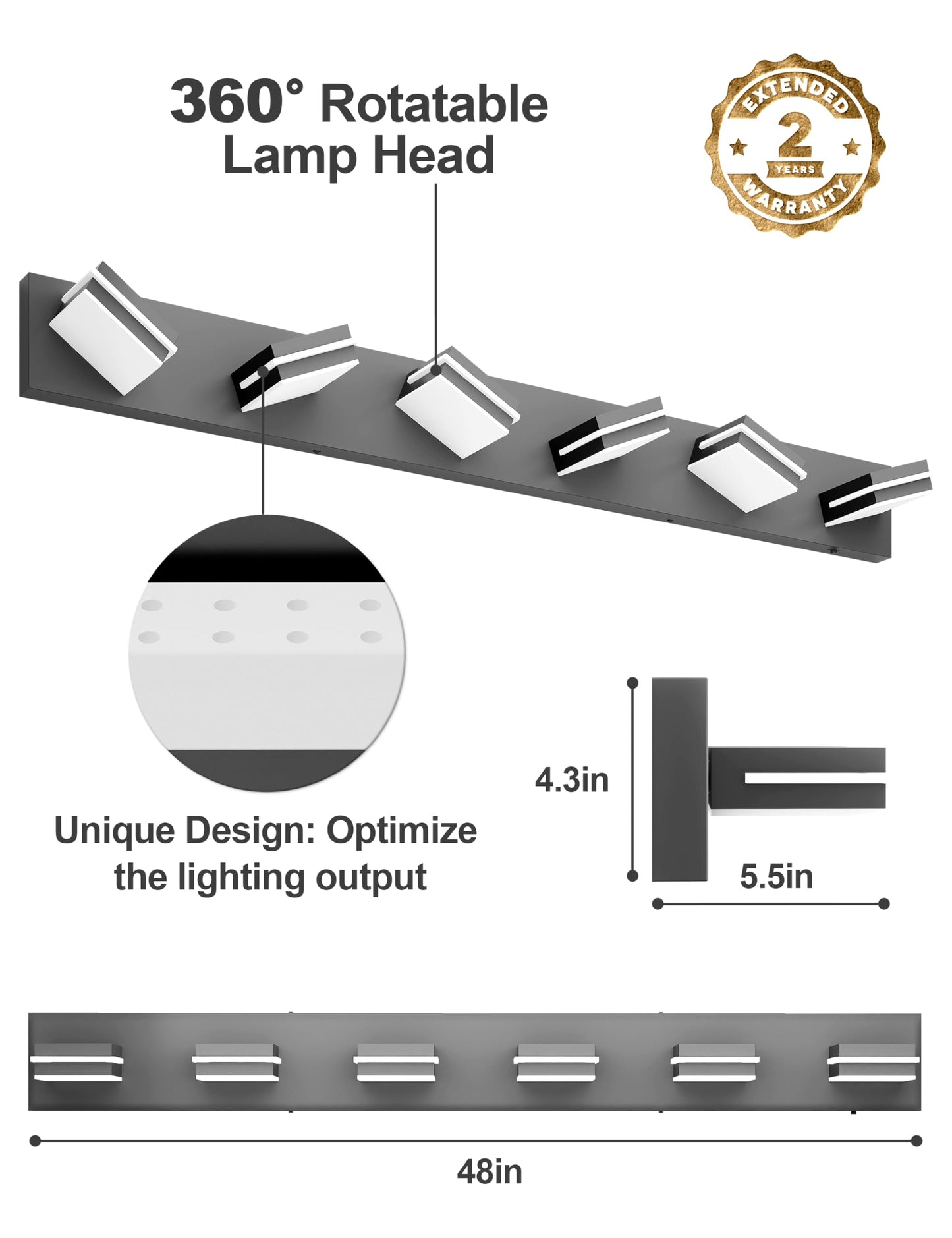 VOLISUN 5CCT Bathroom Light Fixtures Over Mirror, Dimmable, 360°Rotatable Head, 48 inch, 6 Light Bathroom Vanity Light Fixtures, Black LED Vanity Lights for Bathrooms-ETL Certificated