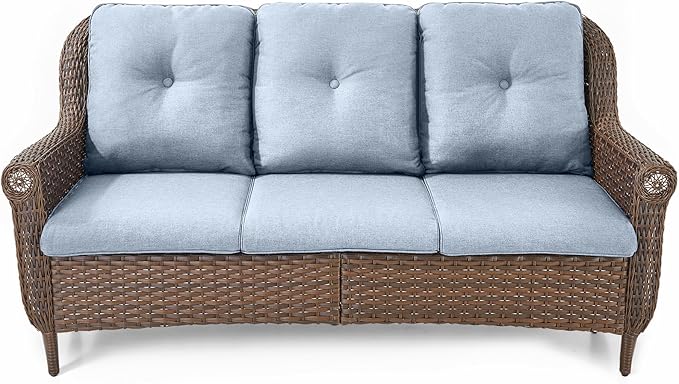 ACTREST Patio Couch Outdoor Wicker Sofa - Heavy Duty All-Weather Brown Rattan 3-Seater with High Back and Comfortable Thick Cushions for Garden Back Porch Poolside Apartment - Baby Blue