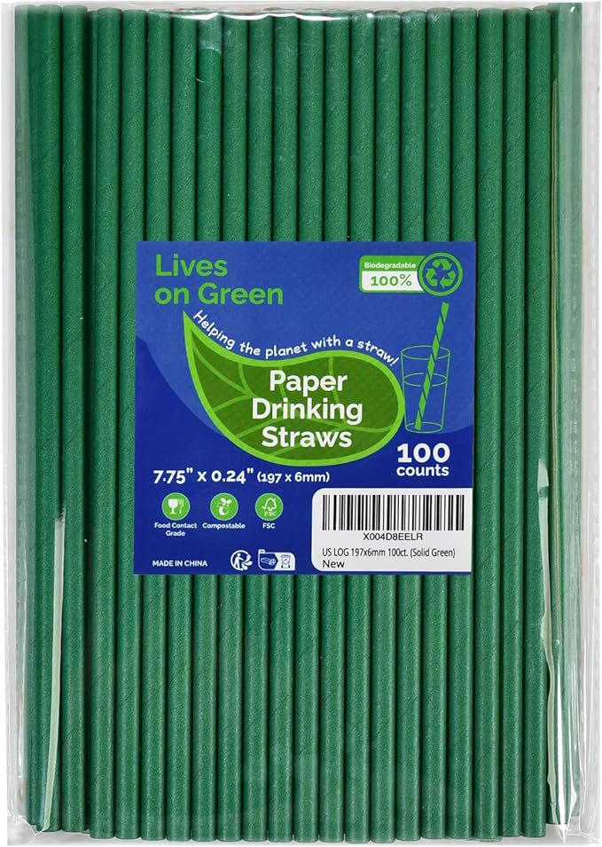 Lives on Green Disposable Paper Straws Solid Green - 7.75'' x 0.24'', 100 Counts - for Drinking, Beverage, Juice, Soda, Ba...