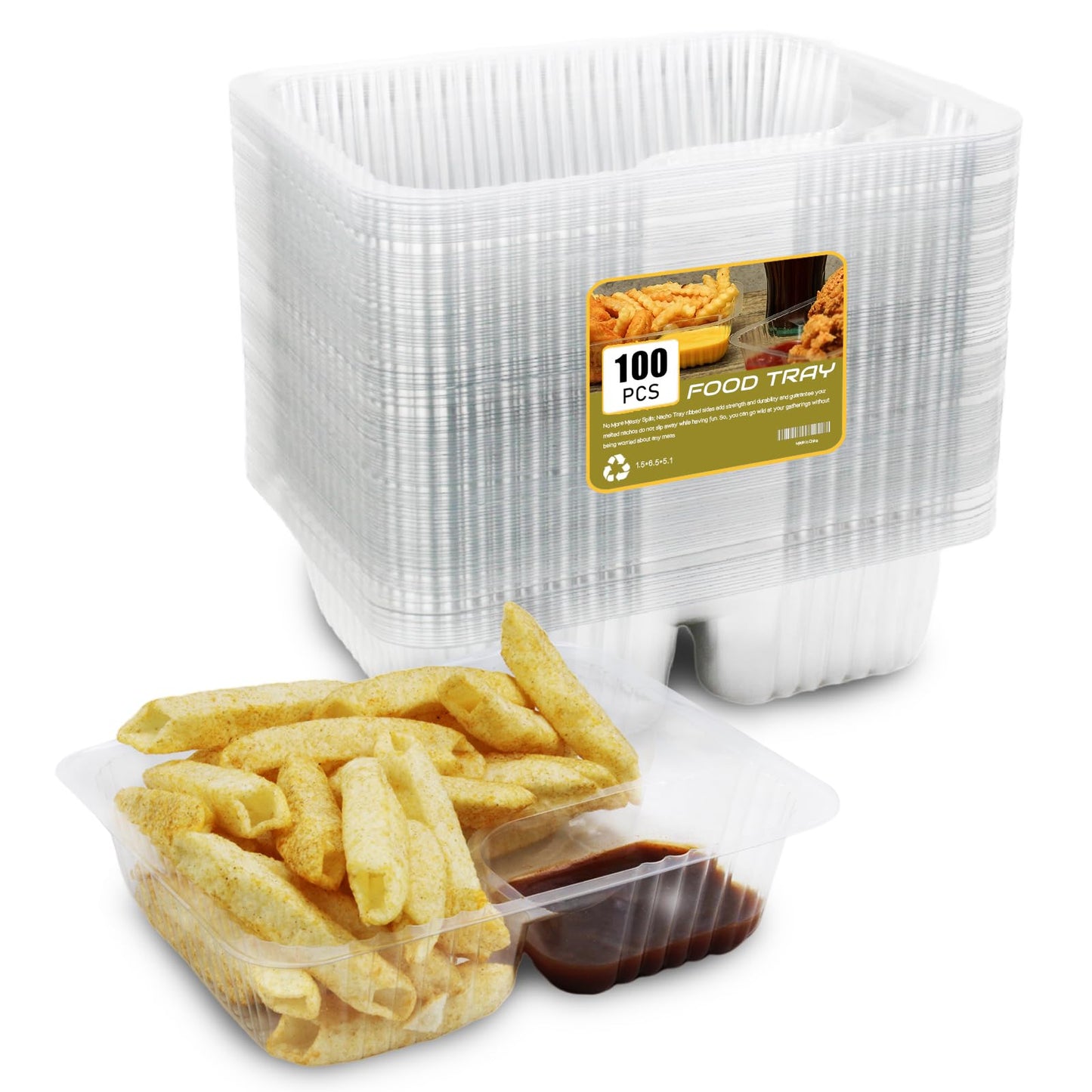 AHKUNMT 100 PC Nacho Trays Disposable, 12oz Plastic Nacho Containers with Chip and Dip Holder, 6x5 In 2 Compartments Clear Snack Trays for Kids,Parties, Movie Night Supplies (Plastic-100pc)
