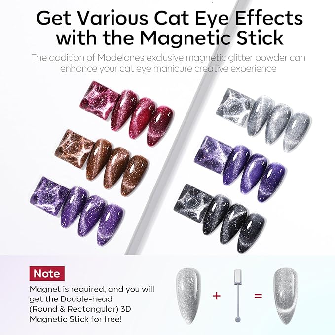 Modelones Cat Eye Gel Nail Polish Set, 6 Colors Fall Winter 9D Glassy Cat Eye Glitter Gel Polish Black Red Purple Blue Silver Brown Nail Polish with Magnet Soak Off LED DIY Salon Gift