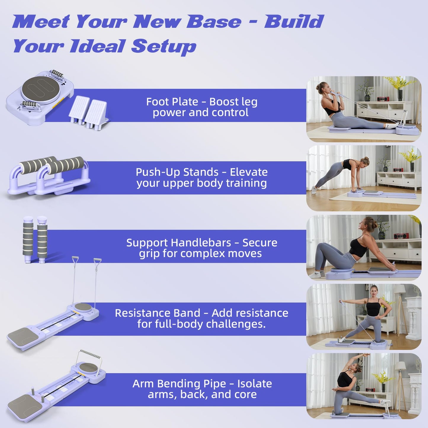Pilates Reformer Board for Home Workout, 7-in-1 Pilates Equipment, Foldable Portable Reformer Machine High-Strength Steel Rails, Adjustable 20 lbs & 60 lbs Resistance Bands, Core & Full-Body Training