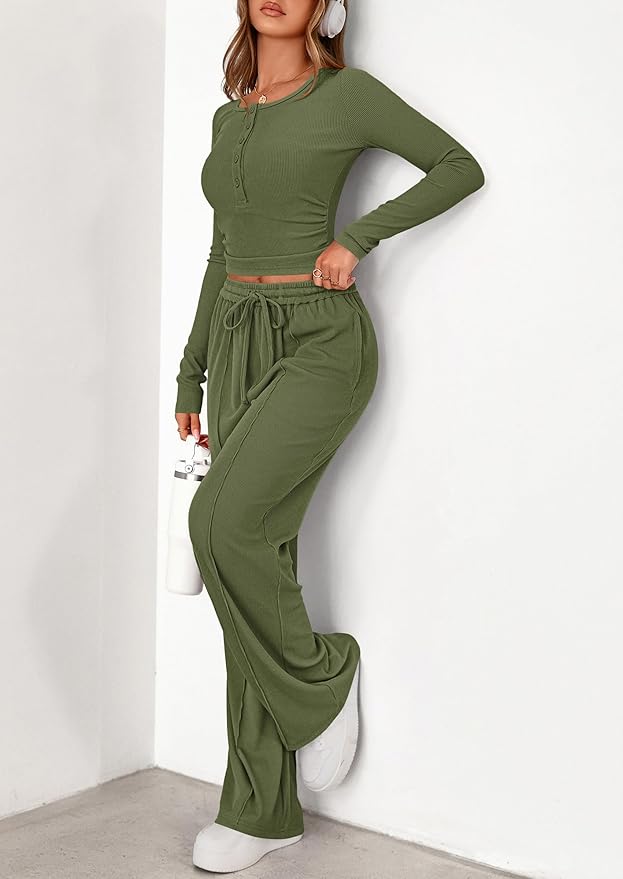 PRETTYGARDEN Women's 2026 Fall Trendy 2 Piece Outfits Lounge Sets Long Sleeve Top Henley Shirts Wide Leg Pants Travel Clothes