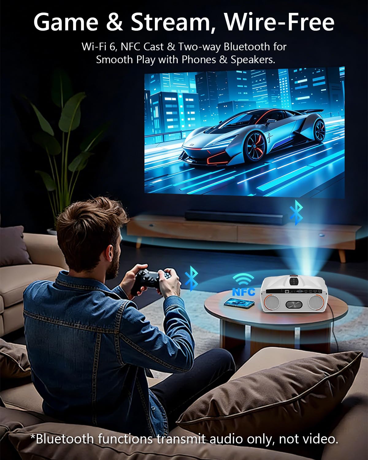 Daylight 4K Smart Projector with Fast TV OS & Home Karaoke: High 2400ANSI, 3-Brightness, HDR10, Auto Focus, Auto-Retract Lens&Cover, Wireless Mics for Home Cinema Outdoor Movie Game Golf Simulation