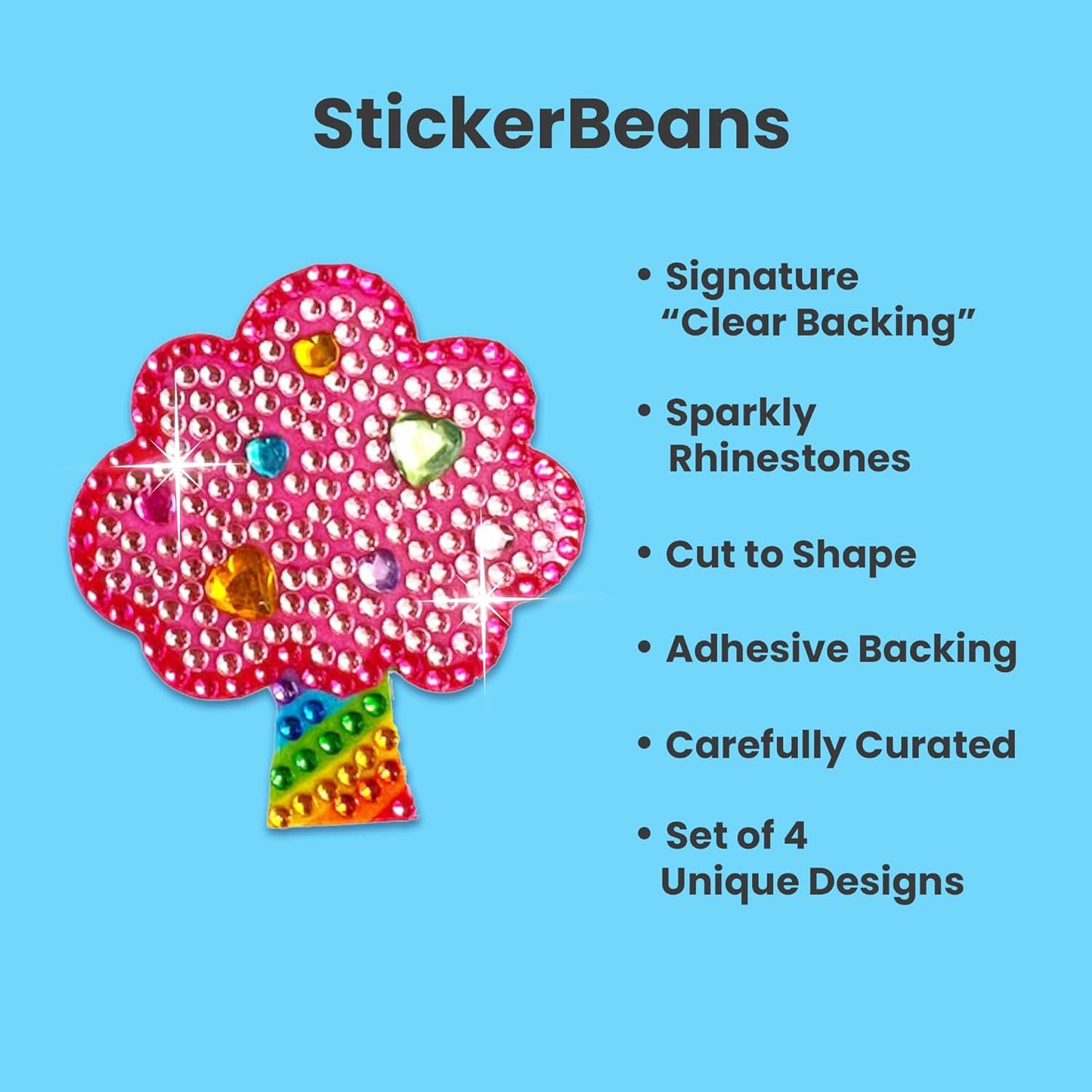 StickerBeans® Rhinestone Stickers – Care Bears 4-Pack, 2” x 2” Each, Unique Sparkly Cut-to-Shape for Collecting, Trading, Decorating Laptops, Phone Cases, Scrapbooks, for Kids, Teens, & Adults