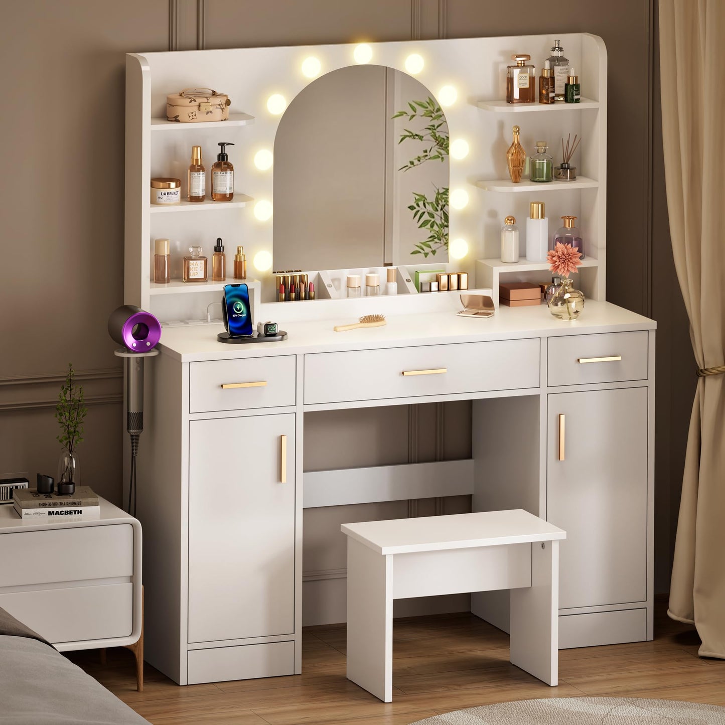 Decofy 43'' White Vanity with 11 LED Lights & Mirrow, Makeup Vanity Table with Power Outlets, Chair & Hair Dryer Holder, Dressing Table with Drawers & Cabinet