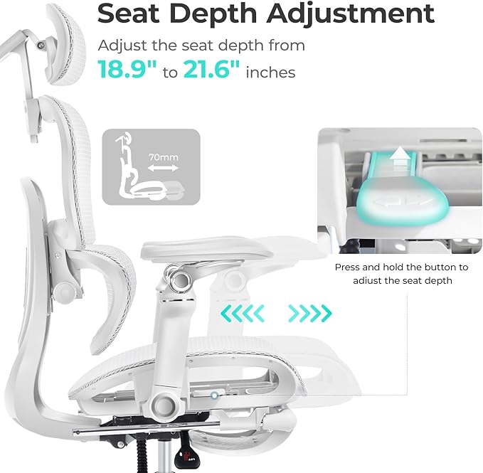 Morkprism Ergonomic Office Chair with 9D Arms,Adjustable Seat Depth,3D Lumbar Support,135° Recline,3D Headrest & Footrest,Mesh Computer Desk Chair for Home & Executive Office Grey White