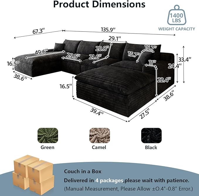 136" Cloud Sectional Couch U-Shaped Chaise with Ottoman, Corduroy Boneless Couch for Living Room Bedroom, Deep-Seat Upholstered Modular Cloud Sofa, No Assembly Required (Black, Left Facing Chaise)