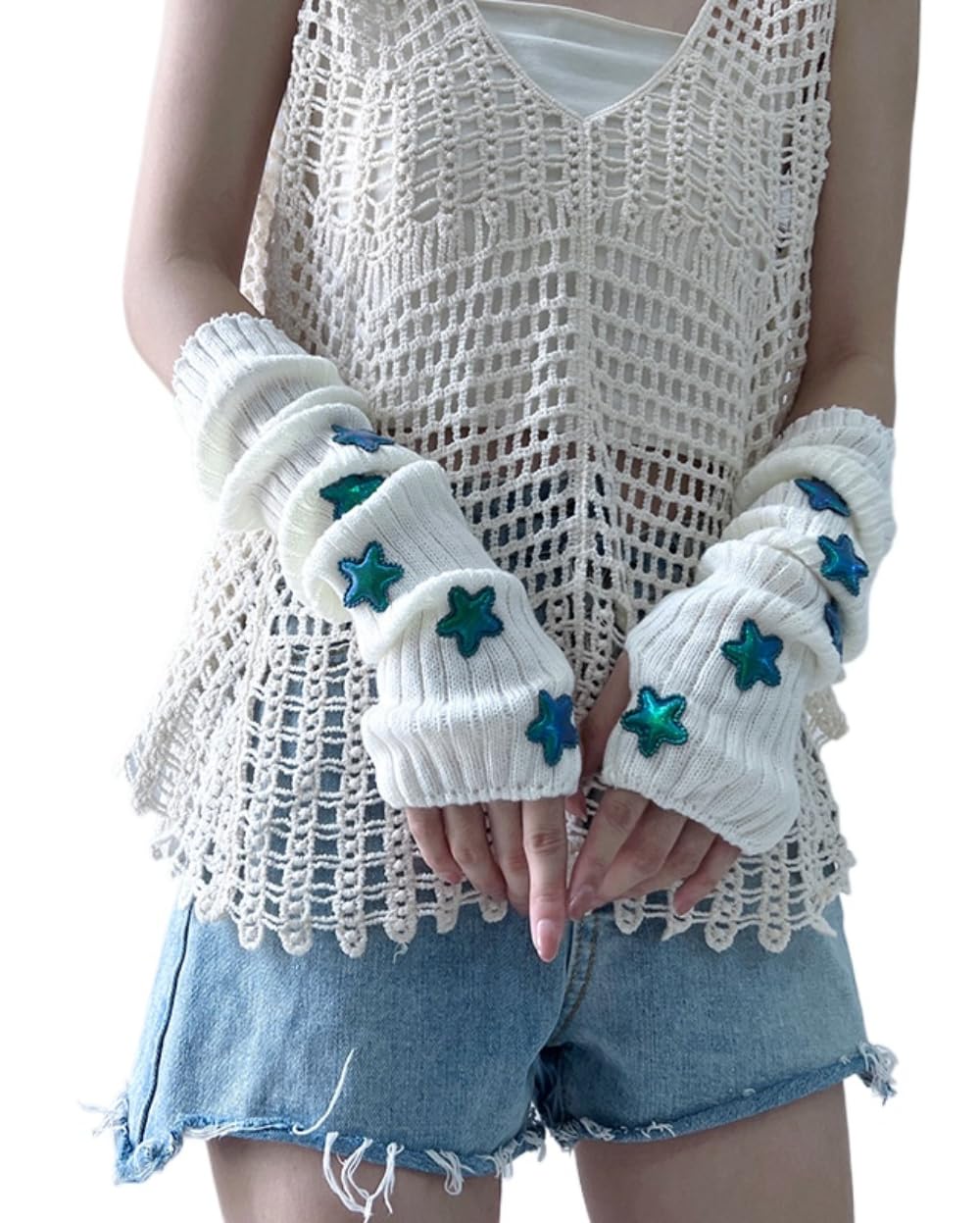 POHADON Women's Y2k Knit Arm Warmers Long Fingerless Mitten Thumb Hole Cute Star Gloves Japanese Harajuku Accessories (One Size,White)