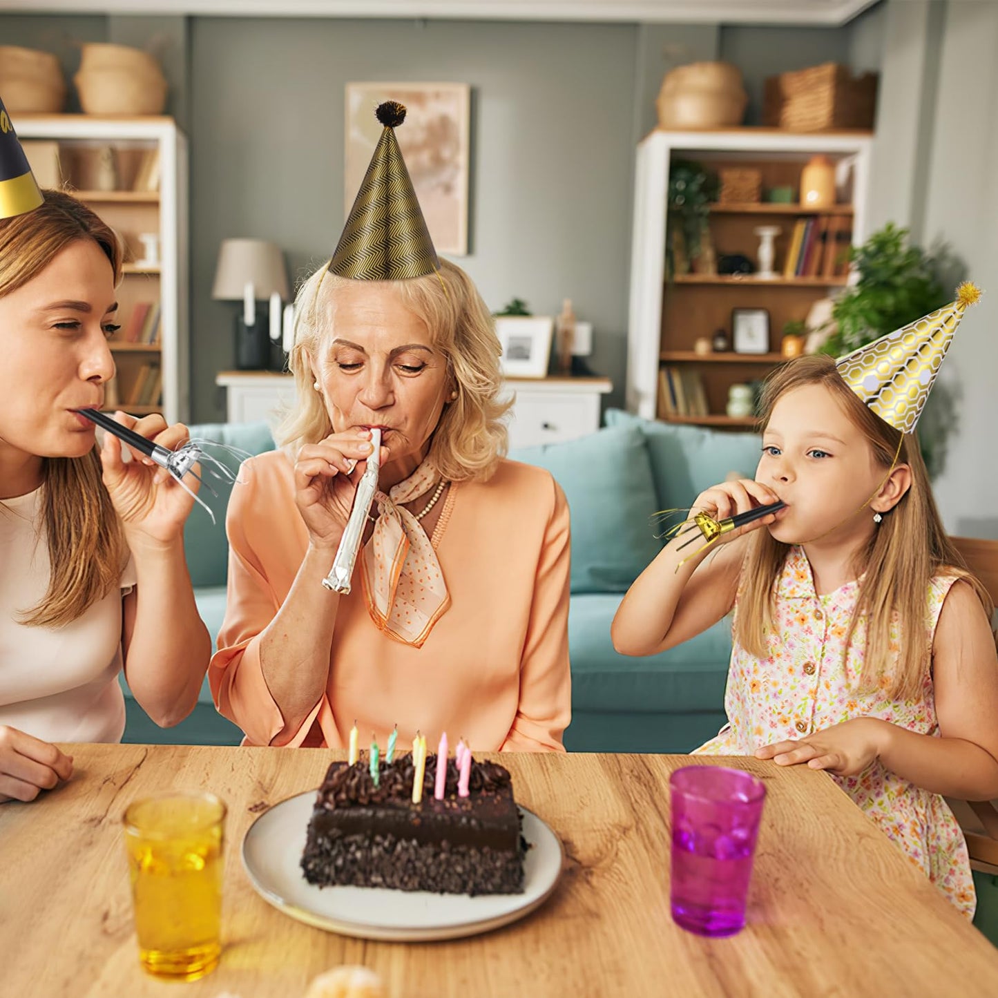 JOINPAYA 36 Pcs Birthday Party Set: Black Gold Cone Hats for Kids Including 12 Paper Hats and 24 Noise Makers, Happy Birthday Supplies