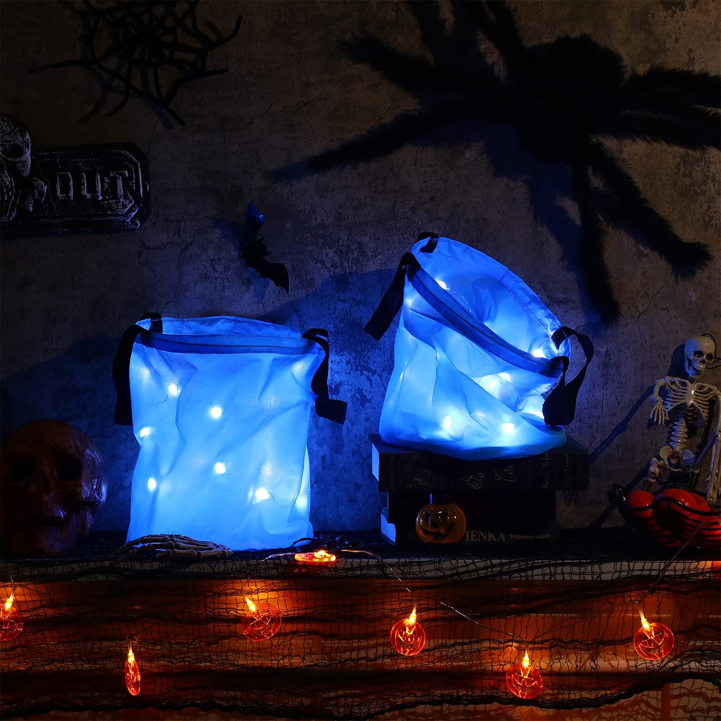 Shappy 2 Pcs LED Light Halloween Candy Bags Trick or Treat Light up Halloween Candy Bucket Multipurpose Reusable Goody Bucket for Holiday Party Supplies Favors(Blue)
