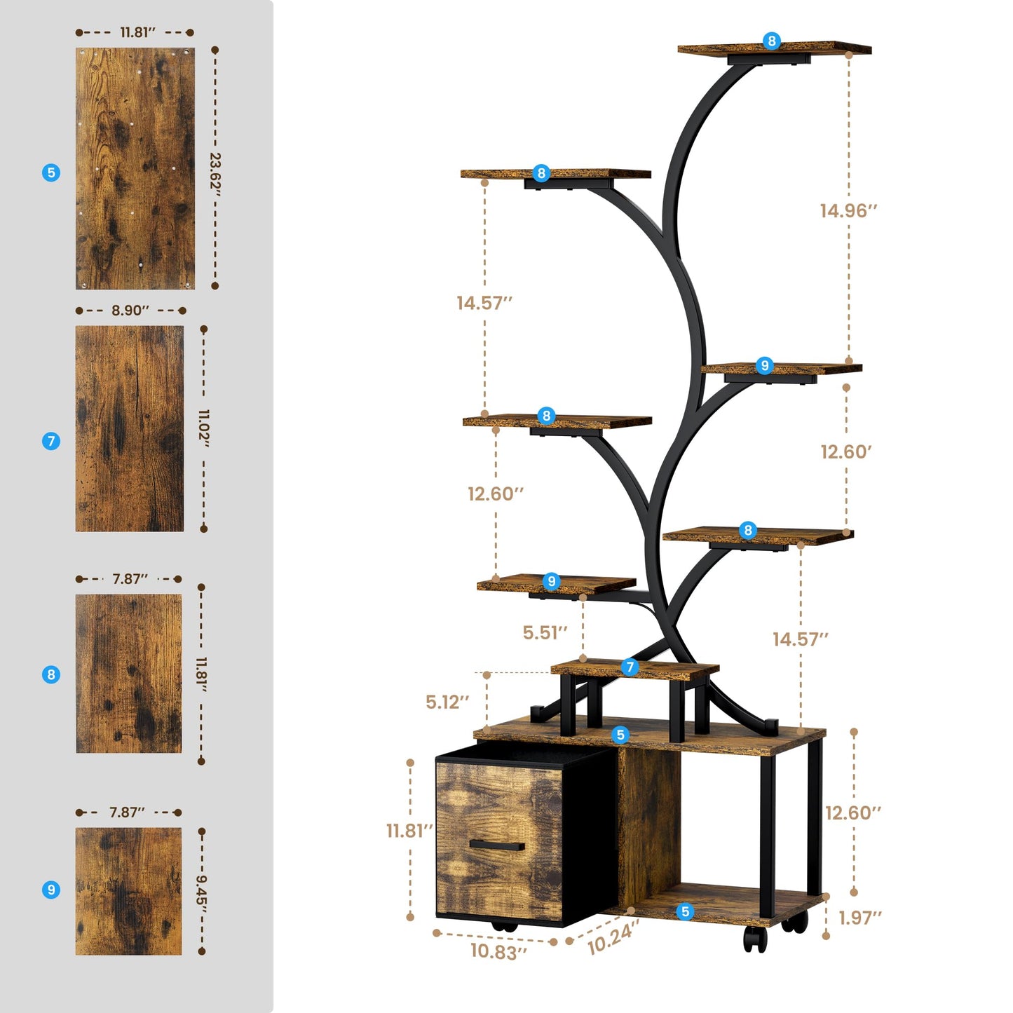 Plant Stand Indoor with Grow Light, 9 Tiered Plant Shelf with Wheels, 65" Tall Plant Stand for Indoor Plants Multiple with Drawer, Flower Holder for Living Room Patio, Balcony (Black+Brown, 1 Pack)